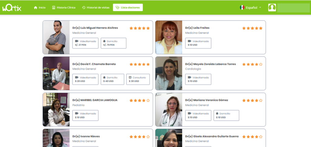Lista de Doctores en la plataforma de la red médica Wortix.